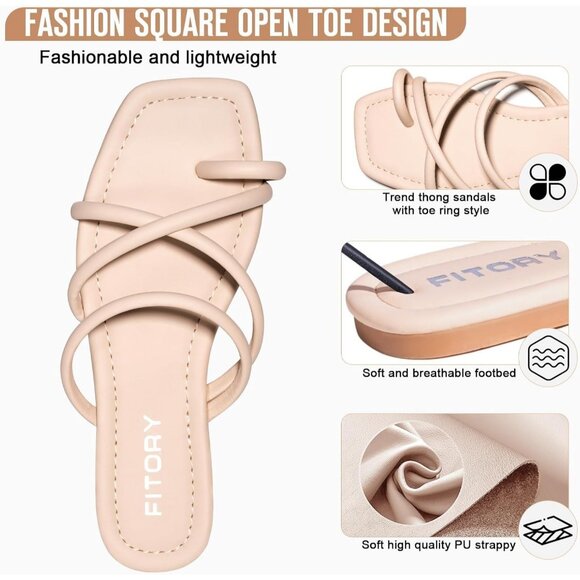 Women's All Cream Soft Flat Toe Ring Style Thongs Cross Strap Slide Sandal Shoes - Picture 4 of 5